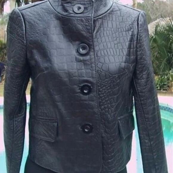 Cache Croc Textured Leather Lined Jacket Coat Top New Front Button NWT $348 - Picture 11 of 13